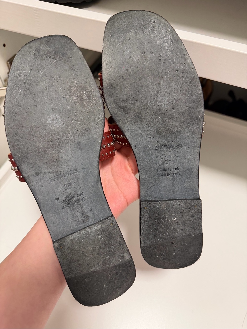 Hermes Burgundy Studded H-strap Leather Slide Sandals - Picture 3 of 4